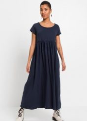 Sukienka shirtowa z bawełny organicznej. Niebieskie sukienki bonprix, bez wzorów, z bawełny, bez kołnierzyka, petite, bez ramiączek. Za 112.99 zł.