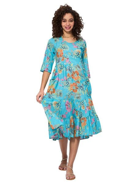 Aller Simplement Sukienka w kolorze turkusowym ze wzorem rozmiar: 42. Niebieskie sukienki Aller Simplement, bez wzorów, z bawełny, klasyczne, bez kołnierzyka, bez ramiączek, midi. Za 109.52 zł.