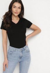 Czarny T-shirt z Bawełny z Trójkątnym Dekoltem Semiora. Czarne t-shirty Born2be, m, bez wzorów, z bawełny, klasyczne, bez kołnierzyka, bez ramiączek. Za 49.99 zł.