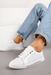 Białe Płaskie Tenisówki ze Skóry Naturalnej z Perforacją i Skórzaną Wkładką Aliwa. Białe trampki Renee, bez wzorów, z jeansu, eleganckie, bez zapięcia. W wyprzedaży za 127.99 zł.