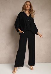 Czarny Komplet z Wiskozy w Stylu Oversize Szerokie Spodnie i Luźna Koszula na Guziki Natinne. Czarne koszule Renee, bez wzorów, z wiskozy, biznesowe, bez kołnierzyka, bez ramiączek. W wyprzedaży za 143.99 zł.