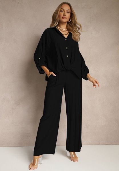 Czarny Komplet z Wiskozy w Stylu Oversize Szerokie Spodnie i Luźna Koszula na Guziki Natinne. Czarne koszule Renee, bez wzorów, z wiskozy, biznesowe, bez kołnierzyka, bez ramiączek. Za 179.99 zł.