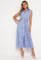 Niebieska Koszulowa Sukienka w Zwierzęcy Print Zapinana na Guziki z Materiałowym Paskiem Vespia. Niebieskie sukienki Born2be, na imprezę, l, bez wzorów, z materiału, eleganckie, bez kołnierzyka, bez ramiączek, maxi, koszulowe. W wyprzedaży za 119.99 zł.