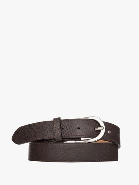 Ciemnobrązowy pasek damski ze srebrną klamrą. Brązowe paski Ryłko, bez wzorów, ze skóry. Za 129.99 zł.