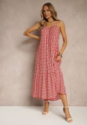 Różowa Sukienka z Bawełny Ozdobiona Geometrycznym Motywem Nilavionea. Czerwone sukienki Renee, na spotkanie biznesowe, l, z aplikacjami, z bawełny, eleganckie, bez kołnierzyka, bez ramiączek, midi. W wyprzedaży za 43.99 zł.