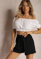 Czarne Szorty z Bawełną i Wiskozą w Stylu Bermudów z Gumką w Talii i Ażurowym Wzorem Nelsianae. Czarne szorty Renee, w ażurowe wzory, z bawełny, eleganckie. W wyprzedaży za 15.99 zł.