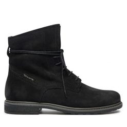 Botki Tamaris. Czarne botki Tamaris, bez wzorów, bez obcasa, na płaskiej podeszwie, bez zapięcia. Za 259.99 zł.