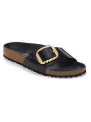 Birkenstock Skórzane klapki "Madrid" w kolorze czarnym rozmiar: 40. Czarne klapki Birkenstock, bez wzorów, klasyczne, z otwartym noskiem, bez obcasa, bez zapięcia. Za 534.45 zł.