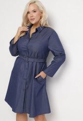 Granatowa Rozkloszowana Sukienka z Bawełną Koszulowa z Paskiem i Kieszeniami Lilsemi. Niebieskie sukienki Born2be, plus size, bez wzorów, z bawełny, bez kołnierzyka, plus size, bez ramiączek, midi, koszulowe. W wyprzedaży za 101.99 zł.