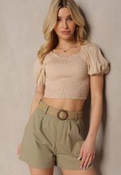 Zielone Szorty z Bawełny High Waist o Kroju Bermudów Zapinane na Zamek Błyskawiczny i Guzik z Plecionym Paskiem z Klamrą Iannestra. Brązowe szorty Renee, bez wzorów, z bawełny. W wyprzedaży za 67.99 zł.