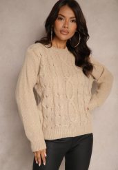 Ciemnobeżowy Sweter z Bawełną Ozdobiony Tłoczeniem Savariella. Brązowe swetry Renee, bez wzorów, z bawełny, casualowe, bez ramiączek. W wyprzedaży za 55.99 zł.