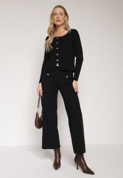 Czarny Dzianinowy Komplet z Wiskozą w Eleganckim Stylu Kardigan i Spodnie Delisana. Czarne swetry Born2be, m, bez wzorów, z dzianiny, eleganckie, bez ramiączek. Za 239.99 zł.