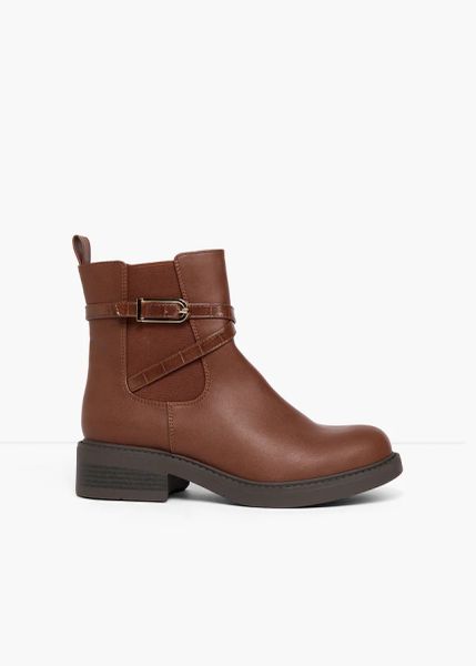 Sztyblety z klamrą. Brązowe botki bonprix, bez wzorów, bez obcasa, bez zapięcia. Za 189.99 zł.