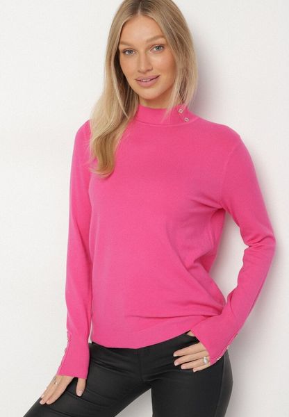 Fuksjowy Dopasowany Golf z Aplikacjami przy Dekolcie i Rękawach Unella. Czerwone swetry Born2be, l, z aplikacjami, z jeansu, eleganckie, bez ramiączek. Za 59.99 zł.