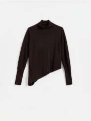 Sweter z asymetrycznym dołem - ciemnobrązowy. Brązowe swetry Reserved, l, bez wzorów, z dzianiny, bez ramiączek. Za 109.99 zł.