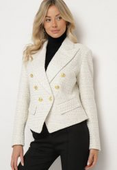 Jasnobeżowa Dwurzędowa Marynarka Taliowana w Tweedowym Stylu z Imitacją Kieszeni Liolia. Brązowe marynarki i żakiety Born2be, l, bez wzorów, eleganckie, bez ramiączek. W wyprzedaży za 297.49 zł.