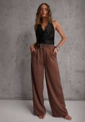 Brązowe Spodnie Szerokie z Dodatkiem Bawełny High Waist z Metaliczną Klamrą Azaerixis. Brązowe jeansy Renee, l, bez wzorów, z bawełny, z podwyższonym stanem. Za 129.99 zł.