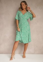 Zielona Rozkloszowana Sukienka z Bawełny Zdobiona Kwiatowym Printem Arirelle. Zielone sukienki Renee, na imprezę, l, z aplikacjami, z bawełny, eleganckie, bez kołnierzyka, bez ramiączek, midi, rozkloszowane. W wyprzedaży za 55.99 zł.