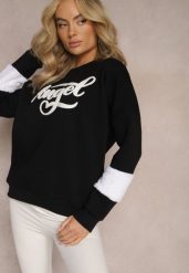 Czarna Bawełniana Bluza z Nadrukiem i Futrzaną Wstawką Koresa. Czarne bluzy Renee, z aplikacjami, z bawełny, bez kaptura. W wyprzedaży za 79.99 zł.