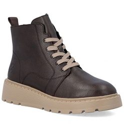 Skórzane botki damskie na klinie brązowe Rieker 70405-25. Brązowe botki Rieker, bez wzorów, ze skóry, bez obcasa, bez zapięcia. Za 399.00 zł.