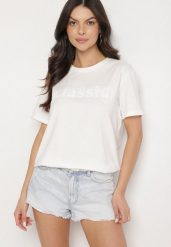 Biały T-shirt z Bawełny z Aplikacją z Cyrkoniami Deraine. Białe t-shirty Born2be, l, z aplikacjami, z bawełny, eleganckie, bez kołnierzyka, bez ramiączek. Za 49.99 zł.