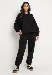 Czarny Komplet Dresowy Bluza i Joggery Podszyte Polarem Zibea. Czarne bluzy Born2be, bez wzorów, z bawełny, bez kaptura. W wyprzedaży za 152.99 zł.