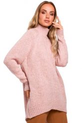 Pudrowy Luźny Sweter z Półgolfem. Białe swetry MOE, l, bez wzorów, z materiału, bez ramiączek. Za 219.90 zł.