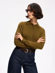 Sweter z dodatkiem wełny - oliwkowy. Zielone swetry Reserved, l, bez wzorów, z dzianiny, bez ramiączek. Za 139.99 zł.
