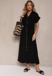 Czarna Sukienka z Wiskozy i Lnu o Koszulowym Kroju z Paskiem Efralissea. Czarne sukienki Renee, na co dzień, l, bez wzorów, z wiskozy, eleganckie, bez kołnierzyka, bez ramiączek, maxi, koszulowe. W wyprzedaży za 127.99 zł.