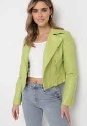 Zielona Kurtka Ramoneska z Imitacji Skóry z Przeszyciami i Suwakami Masmine. Zielone kurtki Born2be, s, bez wzorów, z jeansu, eleganckie, bez kaptura. W wyprzedaży za 62.99 zł.