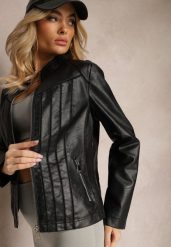 Czarna Kurtka Ramoneska Biker z Przeszyciami z Ekoskóry Platana. Czarne kurtki Renee, l, bez wzorów, z jeansu, eleganckie, bez kaptura. W wyprzedaży za 119.99 zł.