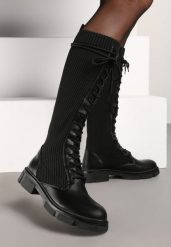 Czarne Płaskie Kozaki ze Skarpetową Cholewką i Sznurowaniem Sannirael. Czarne kozaki Renee, bez wzorów, z jeansu, eleganckie, bez obcasa, na płaskiej podeszwie, bez zapięcia. Za 89.99 zł.