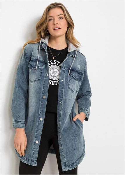 Kurtka dżinsowa z kapturem. Niebieskie kurtki bonprix, bez wzorów, z kapturem. Za 269.99 zł.