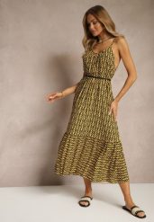 Żółta Sukienka z Bawełny Ozdobiona Geometrycznym Motywem Nilavionea. Żółte sukienki Renee, na spotkanie biznesowe, l, z aplikacjami, z bawełny, eleganckie, bez kołnierzyka, bez ramiączek, midi. W wyprzedaży za 43.99 zł.