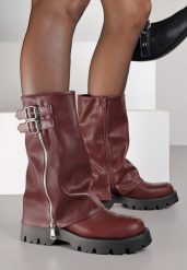 Bordowe Botki Biker na Platformie z Wywiniętą Cholewką z Suwakiem i Klamerkami Selade. Czerwone botki Renee, bez wzorów, z jeansu, bez obcasa, na platformie, bez zapięcia. Za 169.99 zł.