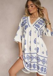 Niebiesko-Biała Sukienka z Wiskozy w Stylu Boho Virisna. Niebieskie sukienki Renee, na imprezę, l, z aplikacjami, z wiskozy, boho, bez kołnierzyka, bez ramiączek, midi. W wyprzedaży za 41.99 zł.
