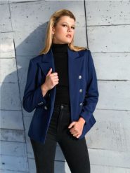 Żakiet - granatowy. Niebieskie marynarki i żakiety Sinsay, l, bez wzorów, klasyczne, bez ramiączek. Za 79.99 zł.