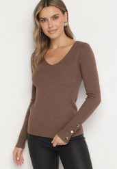 Beżowy Sweter z Dekoltem V i Ozdobnymi Guzikami na Rękawach Atterisa. Brązowe swetry Born2be, m, bez wzorów, z jeansu, bez ramiączek. W wyprzedaży za 84.99 zł.