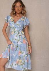 Jasnoniebieska Kopertowa Sukienka w Kwiaty Atesalia. Niebieskie sukienki Renee, na co dzień, m, bez wzorów, eleganckie, bez kołnierzyka, bez ramiączek, midi, kopertowe. W wyprzedaży za 91.99 zł.