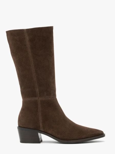 Ciemnobrązowe kozaki na słupku. Brązowe kozaki Ryłko, bez wzorów, ze skóry, eleganckie, przed kolano, bez obcasa, na obcasie, bez zapięcia. Za 649.99 zł.