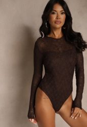 Brązowe Body Typu Longsleeve z Koronki Eseiana. Brązowe body i gorsety Renee, bez wzorów, z jeansu, bez ramiączek. Za 89.99 zł.