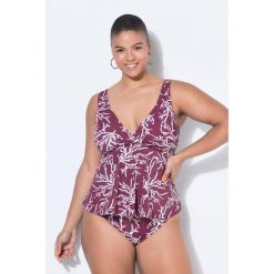 Damskie Góra od tankini miękkie miseczki nadruk na całej powierzchni drapowanie. Fioletowe bikini Ulla Popken, bez wzorów, z elastanu. Za 199.99 zł.