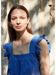 STEFANEL Top w kolorze granatowo-biało-niebieskim rozmiar: L. Białe topy Stefanel, l, bez wzorów, z bawełny, bez kołnierzyka, bez ramiączek. Za 101.23 zł.