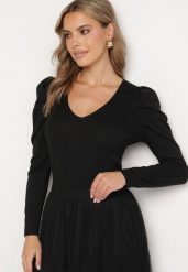 Czarny Sweter z Wiskozą Metaliczną Nicią i Bufiastymi Rękawami Sanellia. Czarne swetry Born2be, m, bez wzorów, z jeansu, biznesowe, bez ramiączek. W wyprzedaży za 93.49 zł.