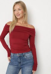 Bordowa Bluzka Hiszpanka Vices z Marszczeniem w Talii i przy Rękawach Temile. Czerwone bluzki Born2be, l, bez wzorów, z jeansu, eleganckie, bez kołnierzyka, bez ramiączek. Za 69.99 zł.