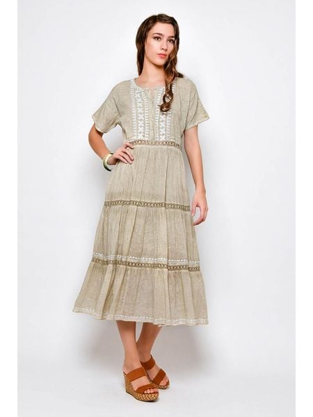 H.H.G. Sukienka w kolorze beżowym rozmiar: S. Brązowe sukienki H.H.G., s, bez wzorów, z bawełny, bez kołnierzyka, bez ramiączek, midi. Za 83.42 zł.