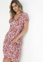 Czerwona Bawełniana Sukienka w Kwiatki z Gumką w Talii i Guzikami Ronalika. Czerwone sukienki Born2be, na co dzień, l, z aplikacjami, z bawełny, eleganckie, bez kołnierzyka, bez ramiączek, midi, rozkloszowane. W wyprzedaży za 42.49 zł.