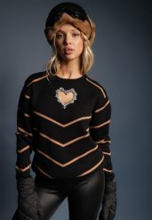 Brązowo-Czarny Sweter z Wiskozą w Paski Ozdobiony Wycięciem w Kształcie Serca z Cyrkoniami Temireli. Brązowe swetry Renee, m, bez wzorów, z wiskozy, casualowe, bez ramiączek. W wyprzedaży za 79.99 zł.