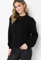 Czarny Sweter w Ozdobny Splot Rulda. Czarne swetry Born2be, m, bez wzorów, z dzianiny, klasyczne, bez ramiączek. W wyprzedaży za 67.99 zł.