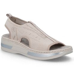 Sandały damskie na platformie wsuwane różowe Rieker V59B5-31. Czerwone sandały Rieker, bez wzorów, z tkaniny, bez obcasa, na platformie, bez zapięcia. Za 319.00 zł.